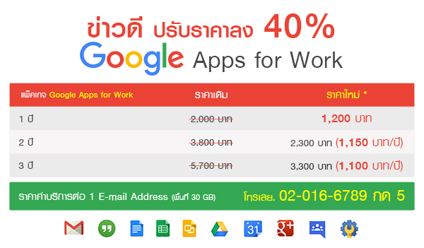ปรับราคาค่าบริการอีเมลสำหรับธุรกิจ Google Apps for Work ลดลง 40%! ปรับราคาค่าบริการอีเมลสำหรับธุรกิจ Google Apps for Work ลดลง 40%!